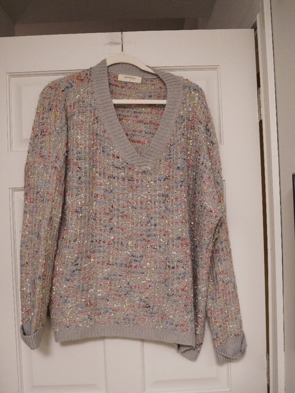 A Beautiful Soul Gray Confetti Tweed V-Neck Sweater Plus Size Small